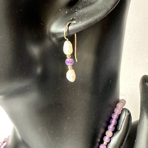 Amethyst Pearl Gold Necklace & Earring Set Vintage 70’s - Picture 3 of 5